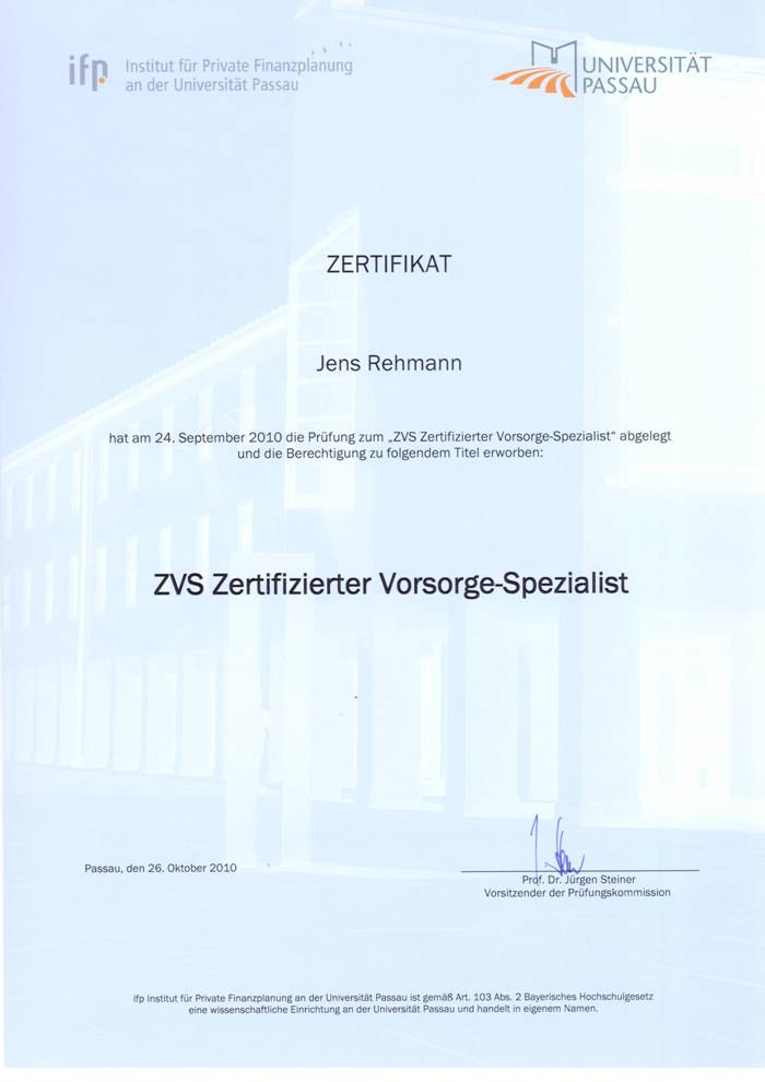 Urkunde - ZVS Zertifizierter Vorsorge-Spezialist